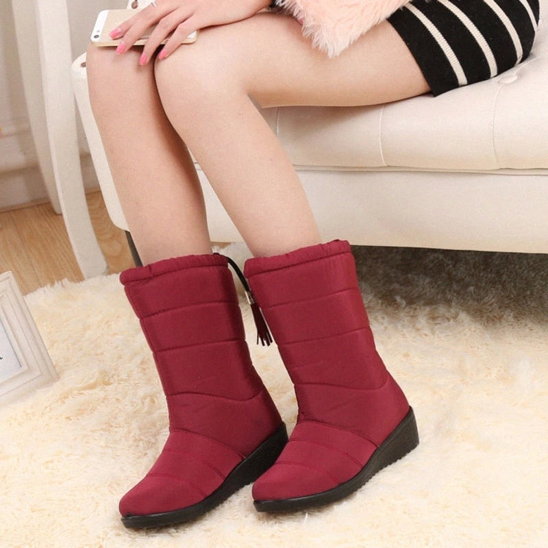 

New Winter Boots Women's Tassel Warm Waterproof And Antiskid Women's Boots Snow With Mid Tube Slope Heel #xi3J