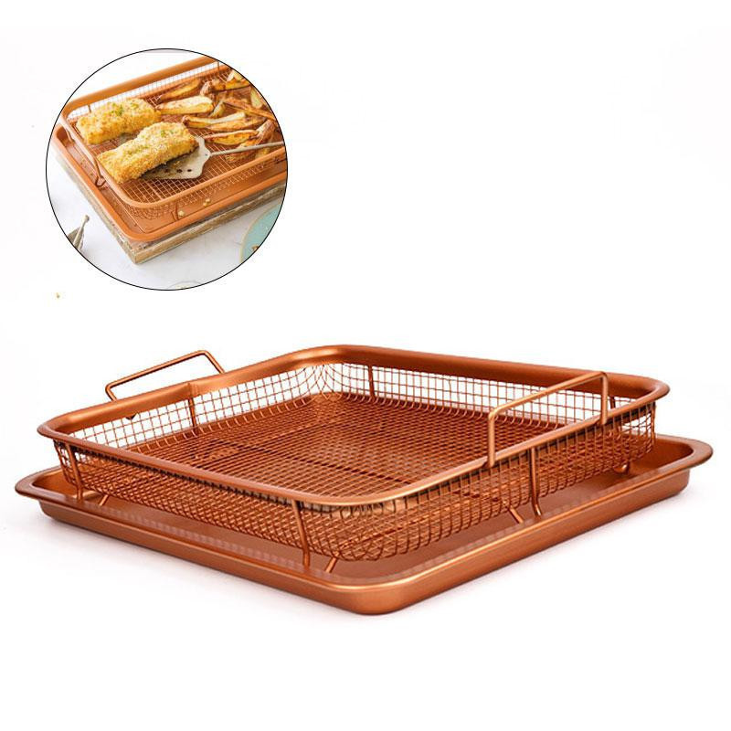 

2019 Copper Air Fryer Crisper Tray Oil Frying Basket Non Stick Mesh Grill Aluminum Crisper With Easy Grip Handles T200227