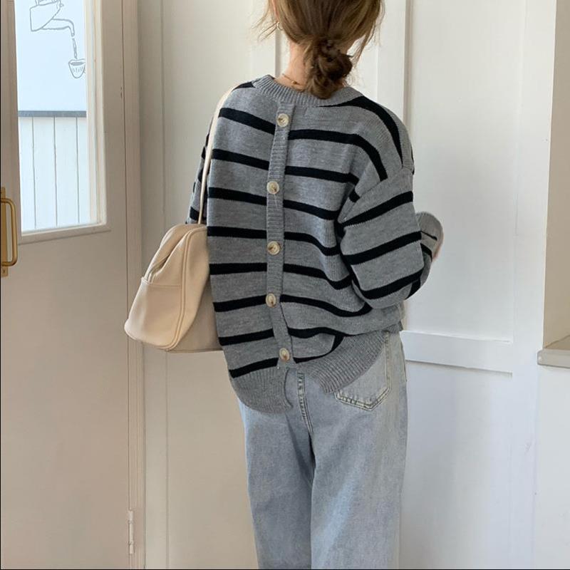 

harajuku korean sweaters autumn tops women 2020 winter fashion personality vintage clothes striped button knitted sweater women, Gray