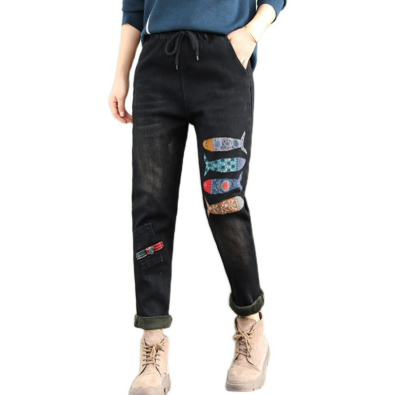 

Fashions Winter Hot Printed Ladies Denim Pants Women Embroidered Leather Jeans From Vintage Rubber Band Harem New Gwyf, Black