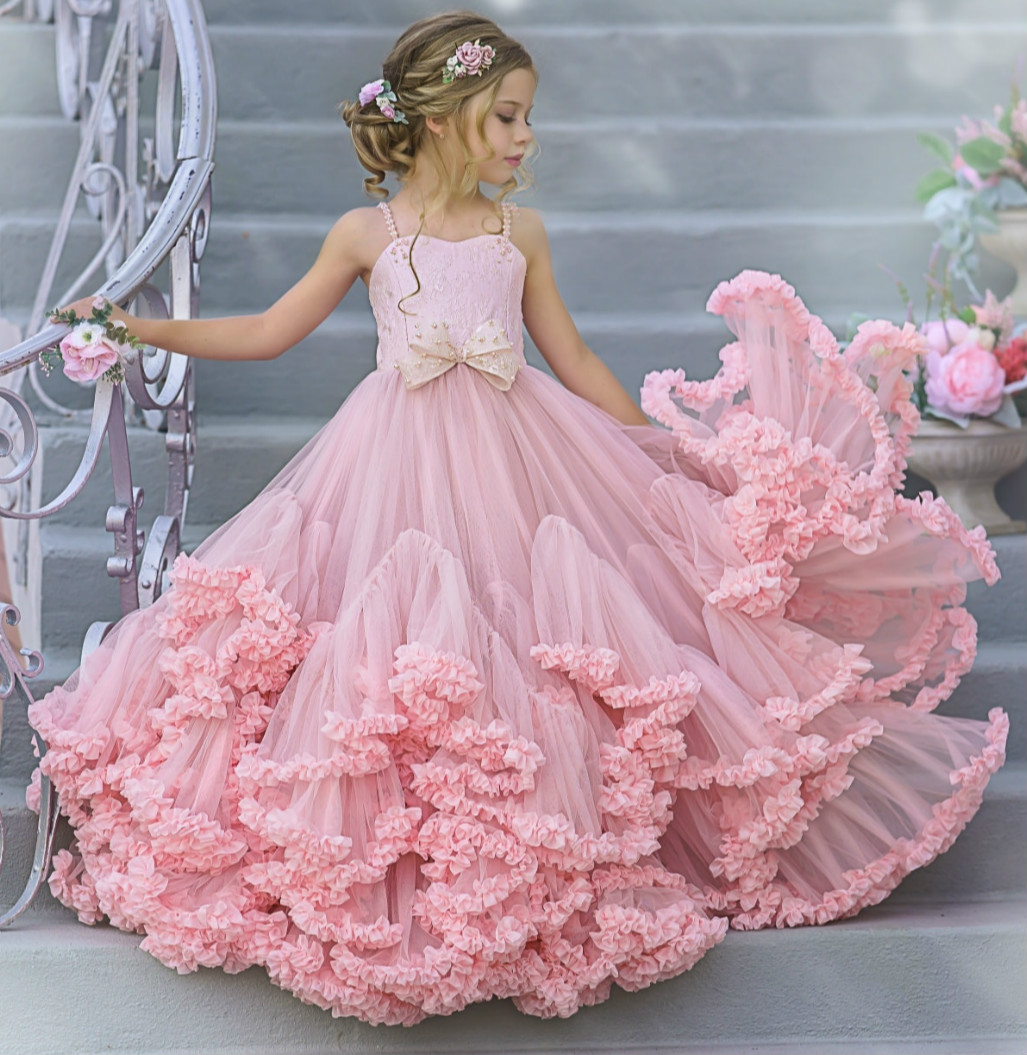 

Pink Lace 2020 Flower Girl Dresses Tiers Tulle Ball Gown Little Girl Wedding Dresses Cheap Communion Pageant Dresses Gowns ZJ7035, Silver