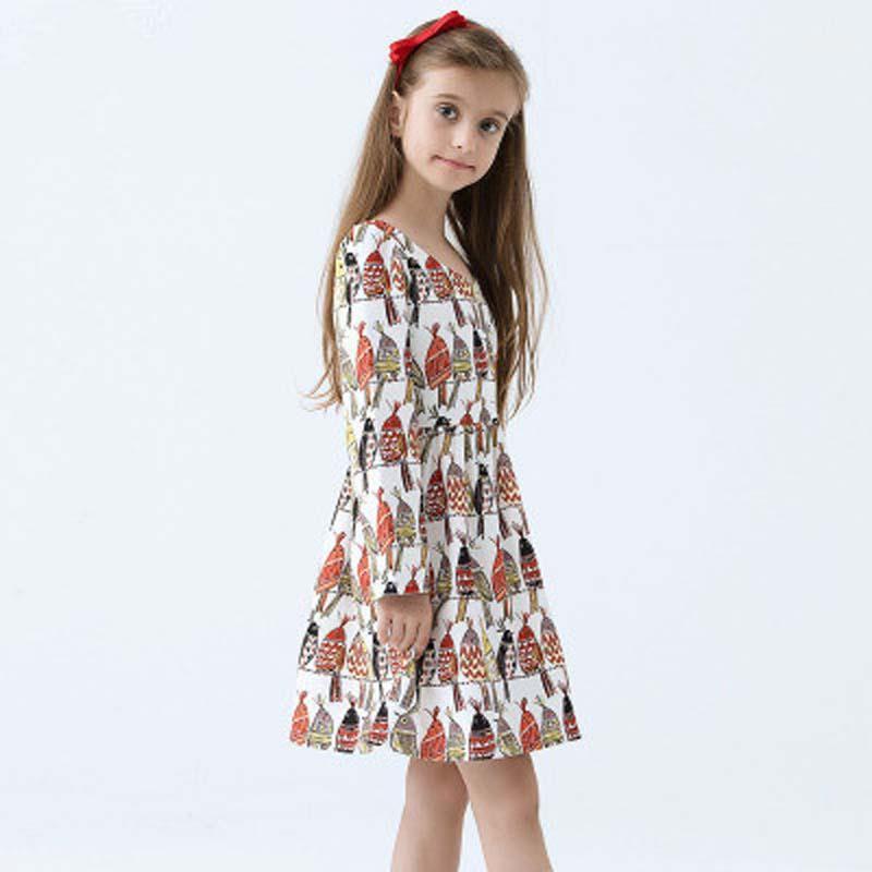 

BINIDUCKLING 2020 Summer Girls Dress O-Neck Zipper Long Sleeve Cartoon Birds Print A-Line Dresses For Kids Girls 7 8 9 10 Years1, As picture
