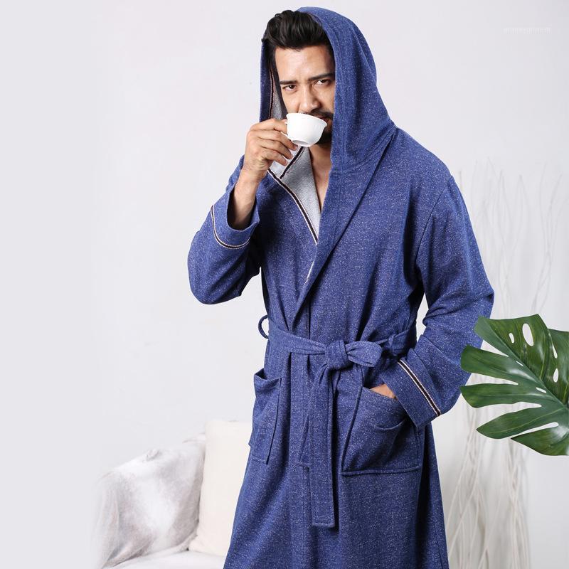 

Men Hooded Robe Gown Cotton Nightwear Intimate Lingerie Sexy Male Long Sleeve Casual Sleepwear V-neck Autumn New Home Clothing1, Navy blue lapel