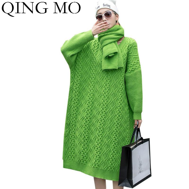

QING MO Green Red Black Women Knitted Sweater Dress 2020 Women Thicken Sweater With Scarf Female Oversized ZQY5955