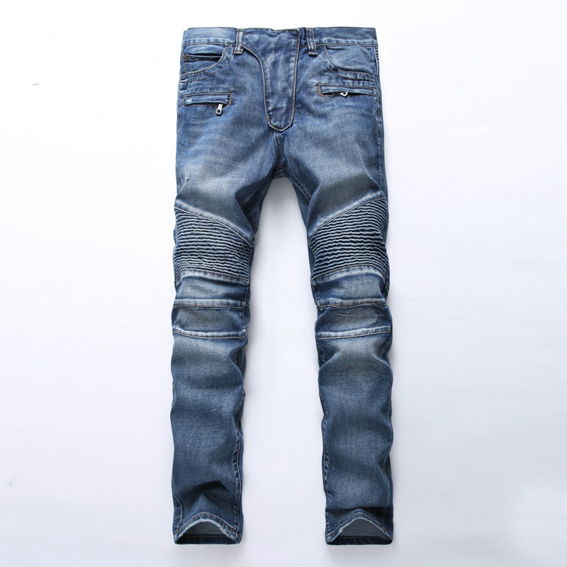 

Men's black blue high quality jean Jeans pleated mens Denim Pant slim denims biker skinny cotton Casual Long fashion casual trouser clothing, 1722 black add leather