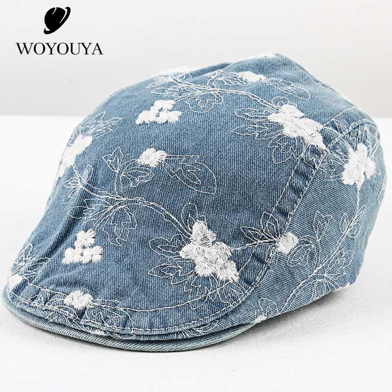 

Streetwear Cap female Fashion Denim Embroidery Berets Summer Women's caps Casual berets caps for women - 51241, Blue
