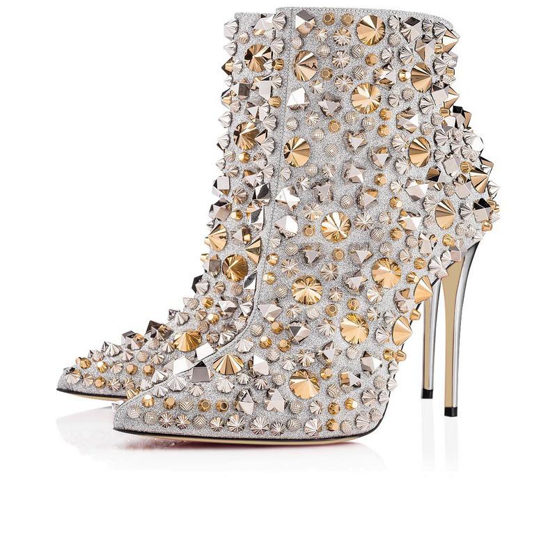 

real photos woman pointed toe rhinestones high heel ankle boots black silver gold spike rhinestones high heel short booto woman, As photo
