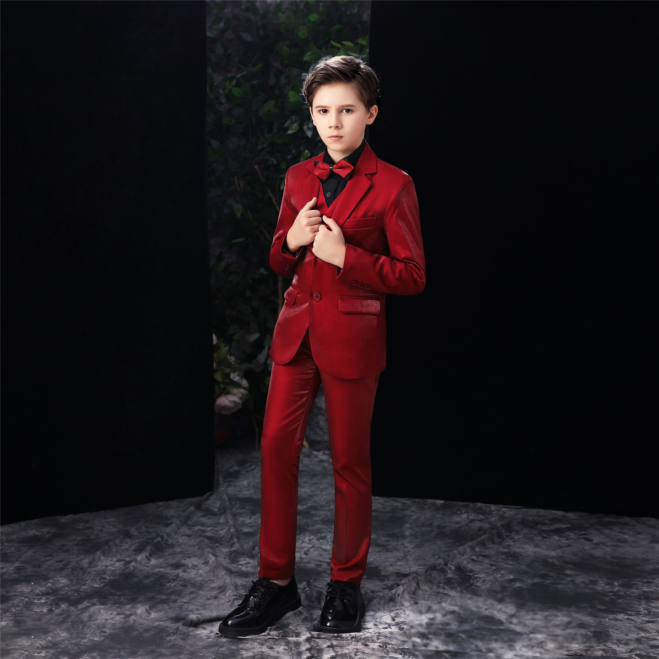 Costumes pour enfants en velours rouge, Tuxedos trois pièces sur mesure, costumes pour garçons de haute qualité, revers cranté, Double bouton, Tu