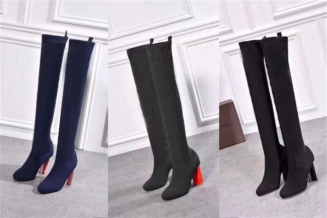 

2020 Designer women's heels autumn and winter Knitted elastic boots Sexy socks and Knee Boots Fashion stockings shoes Long boots Size -11, Extra shoelaces