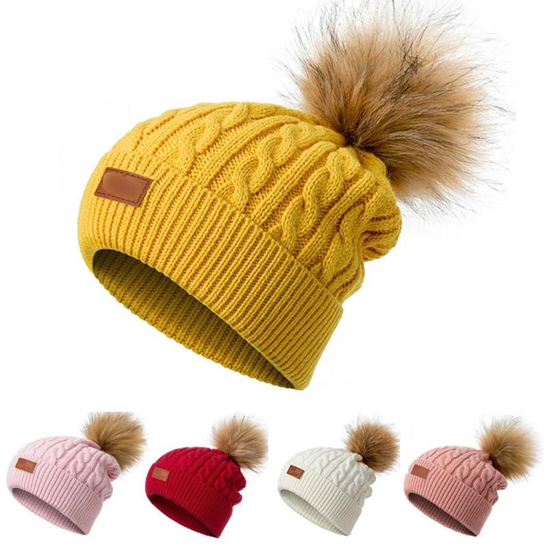 

New Women Winter Beanies Hat Thick Knitted Beanie Hats Pompom for Girls Kids Female Skullcap Woman's Hat For Man HT17, White