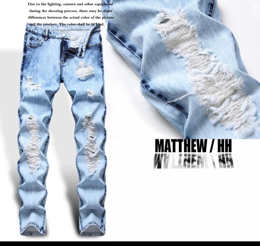 

2020 Men's jeans men's straight tube perforated zipper pants casual fashion pants B012, Sky blue