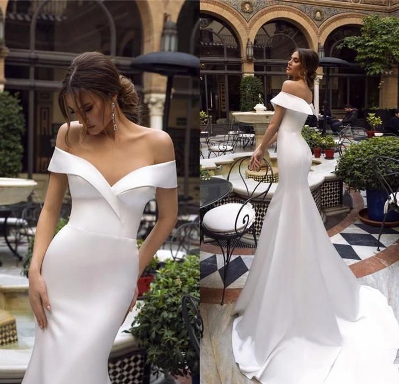 2021 Off Shoulder Simple Mermaid Wedding Dresses Satin Sweep Train Plus Size Beach Bohemian Bridal Gowns Marriage Dress
