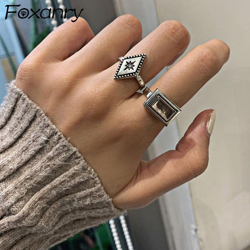 

Foxanry INS Fashion 925 Sterling Silver Rings Creative Simple Diamond Geometric Vintage Handmade Party Jewelry Gifts for Women