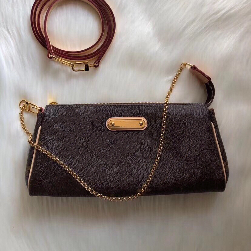 

Eva Small Pochette with Chain and Strap Versatile for Shoulder Bag Cross Body Classic Square Metal Engraved Logos Printed Coated Canvas Bag, Brown checker