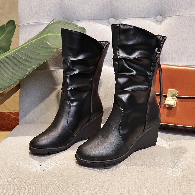 

Solid Black Women Boots Winter Boots Women Shoes Woman Wedges High Heels Mid Calf Pleated Botas Zapatos Mujer Plus Size 411