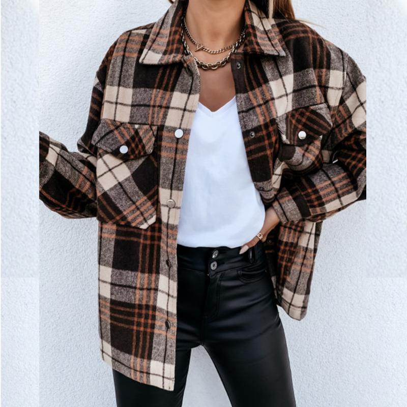Women Shirts Tops Check Fleece Casual Fashion Loose Shacket Top Shirt Tunic Oversize Baggy Youth Lady Autumn Winter Blouse Lady