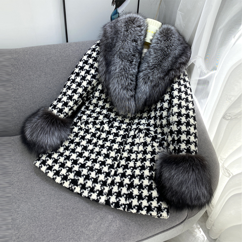 

Woolen Women Long Mix Houndstooth Coat with Natural Fox Skin Fists and Cashmere Collar Outerwear Streetwear Ladies Xcnz, Beige