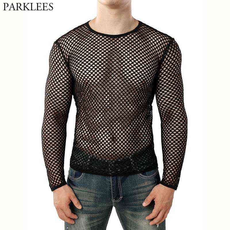 

Mens Transparent Sexy Mesh T Shirt 2021 New See Through Fishnet Long Sleeve Muscle Undershirts Nightclub Party Perform Top Tees G0210, White tank top