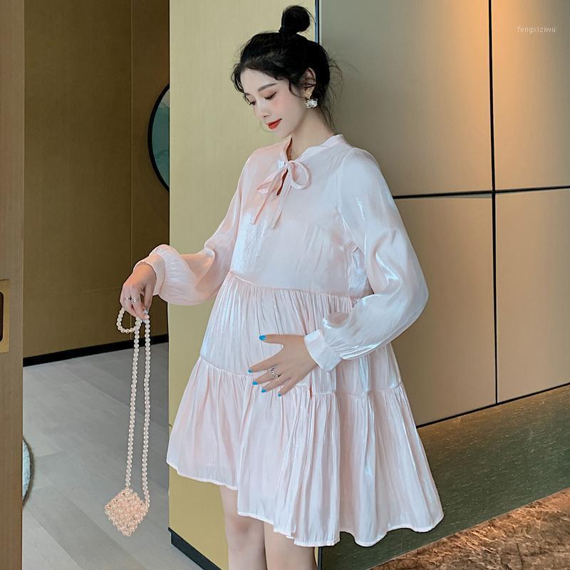 

2021 Spring Maternity Fashion Dress Sweet Bow Collar Long Sleeve Ruffles Cake Dress Plus Size Pregnant Woman A-Line Dress+Lining1, Pink