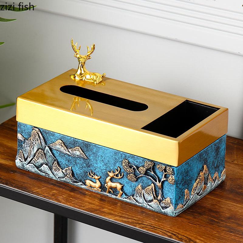 

Iron Art Resin Tissue Box Rectangular Tissue Storage Box Deer Decoration Napkin Holder Multifunction Remote Control Storage