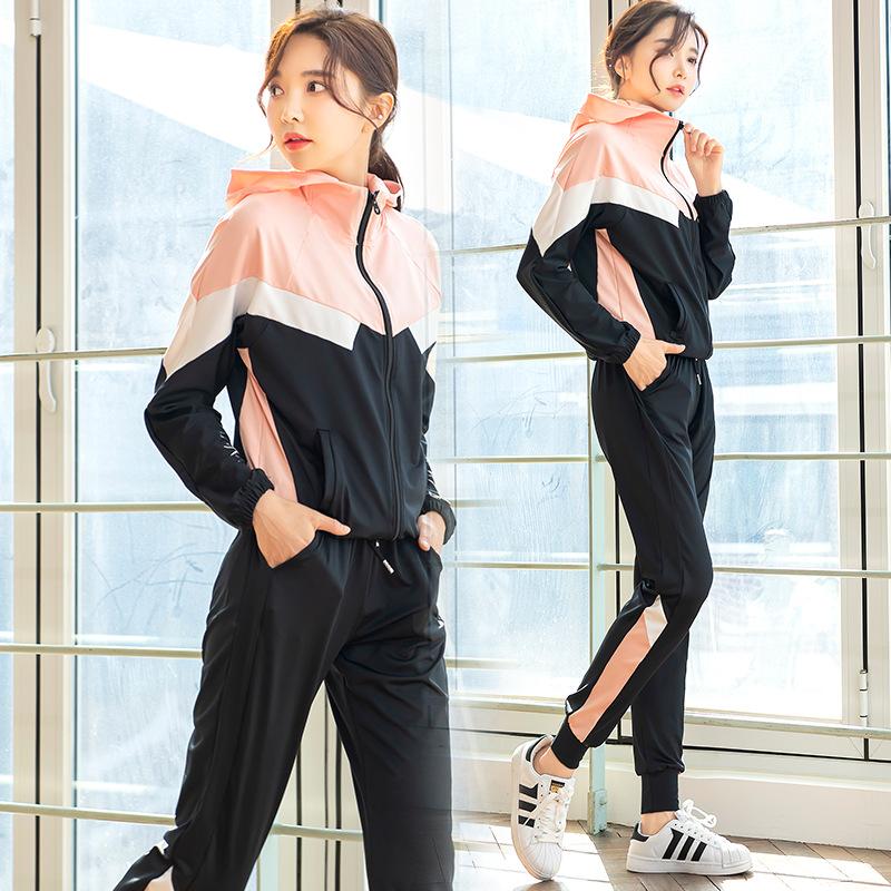 

Fitness Suit WOMEN'S Suit Badminton Clothing Long Sleeve Hoodie Loose Harem Pants Four-piece Set Fat mm Yoga Sports Set, Blue bra three piece set
