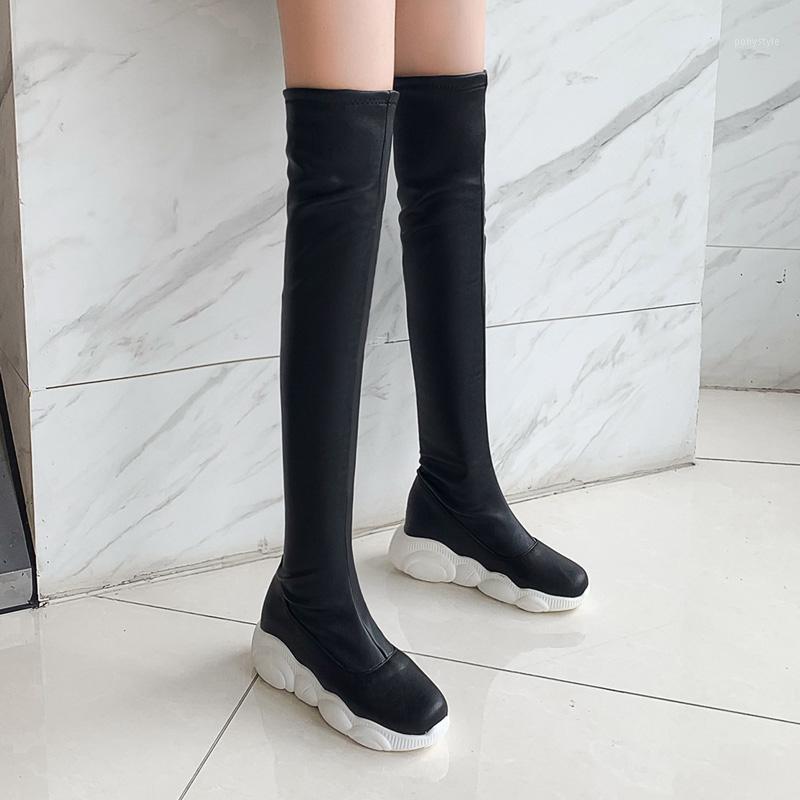 

AIWEIYi Woman Boots Round Toe Slip On Footwear Stretch Flat Heel Female Boots Platform Flock Shoes Woman Winter1, Blackpufur