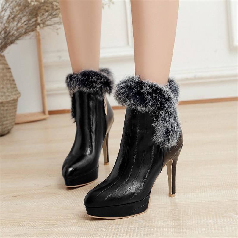 

PXELENA New Design Faux Fur Fashion Ankle Boots Women Platform Stiletto High Heels Boots Party Date Ladies Shoes Plus Size 34-43, White