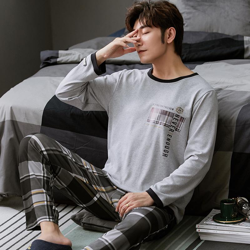 

Autumn Men Pajamas Set Cotton Sleepwear Long Sleeve Sleep Tops Plaid Pants Two Piece Set Home Wear Casual Nightwear Lounge Wear, Nsn-3709
