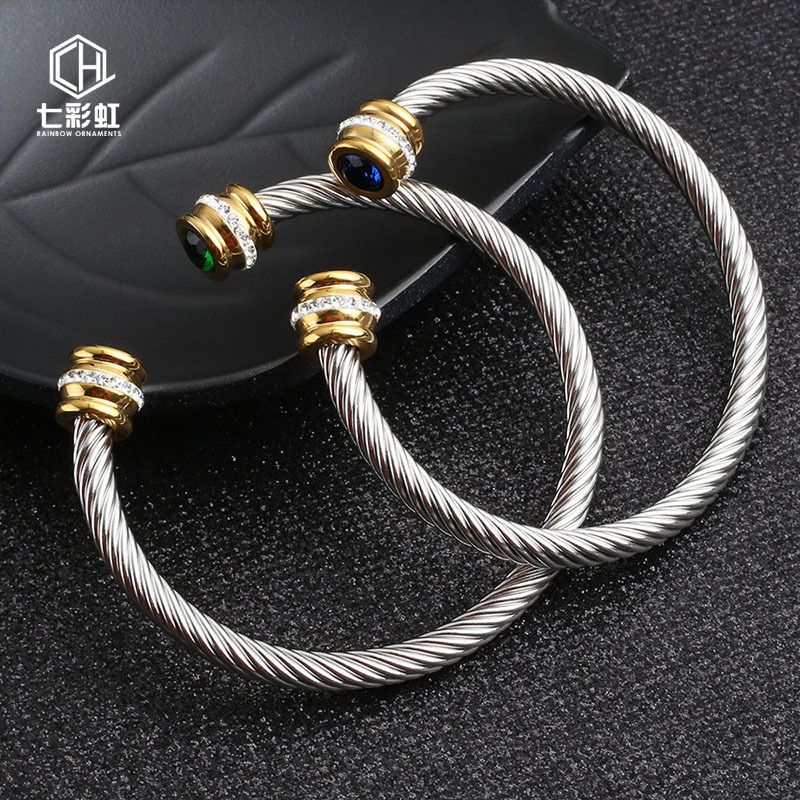 

Cable lady Stainless Steel Wire Bracelet titanium steel gold inlaid drill C type open Bracelet F1130
