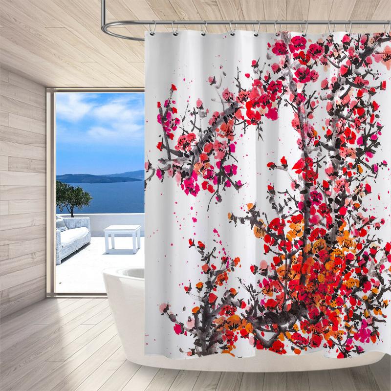 

Chinese Ink Painting Flowers Waterproof Fabric Shower Curtain Set Bathroom Custom