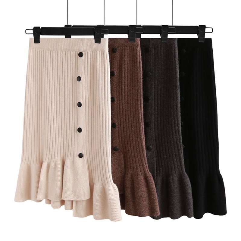 

GIGOGOU Vintage Women Skirts High Waist Elastic Band Long Knitted Skirt Irregular Mermaid Thick Warm Sweater Skirt Autumn Winter Y200326, Coffee jmh-lx126
