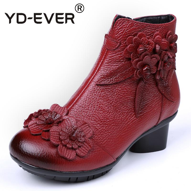 

YD-EVER Genuine Leather women Boots flower handmade retro shoes winter warm fur boots Thick Heels plus Size autumn shoes, Grey warm fur