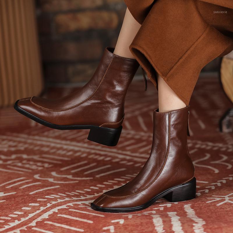 

Concise 100% Genuine Leather Women's Ankle Boots Fashion Autumn Winter 4.5cm Thick Heels Pumps casual motorcycle Shoes Woman1, Black