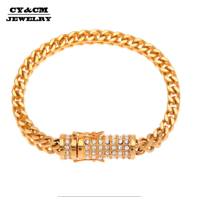 

CY&CM 6mm Franco Link Chain Bracelet Full Iced Out Rhinestone Box Clasp Top Quality Stainless Steel Bracelet Men Hip hop Jewelry