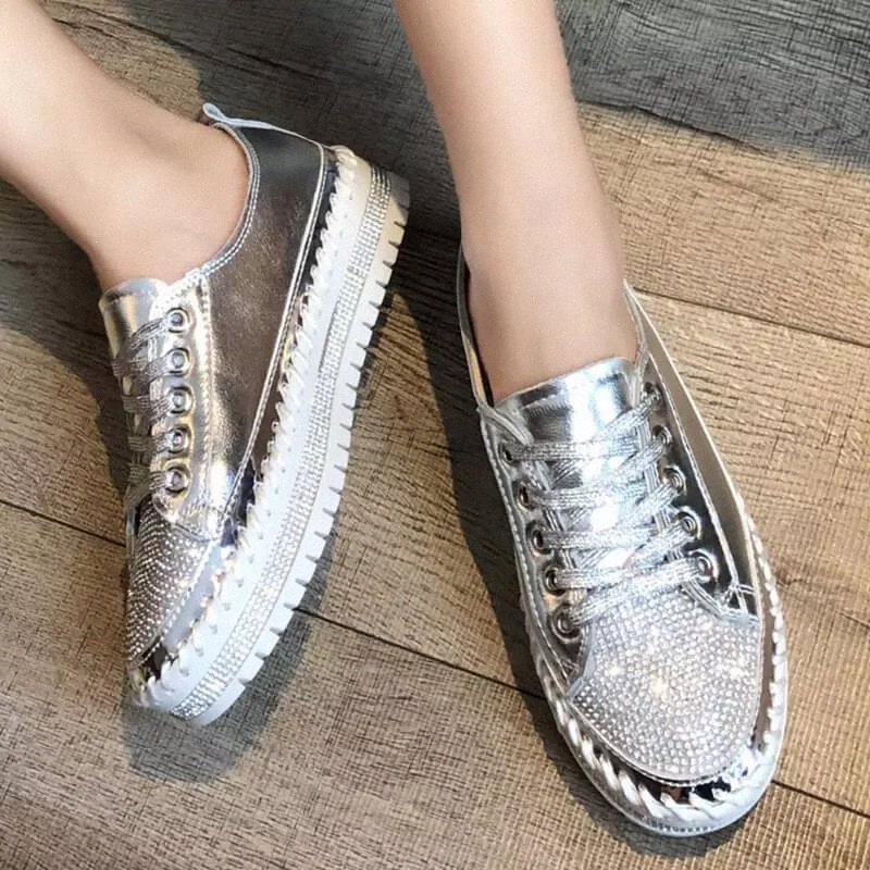 

Women Rhinestone Loafers 2020 Spring Summer New Bling Flat Lace Up Ladies Sneakers Soft Walking Female Vulcanized Shoes #1z7w