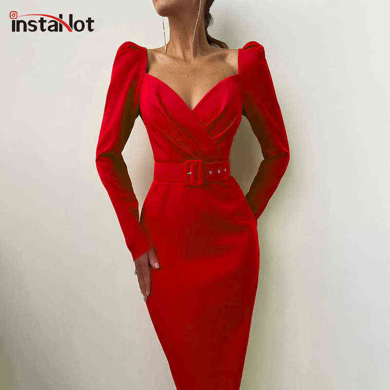 

InstaHot Elegant Party Women Dress Slim V Neck Long Sleeve Mid Calf Pencil Dress 2020 Casual Office Lady Solid Red Puff Sleeve G1223, White