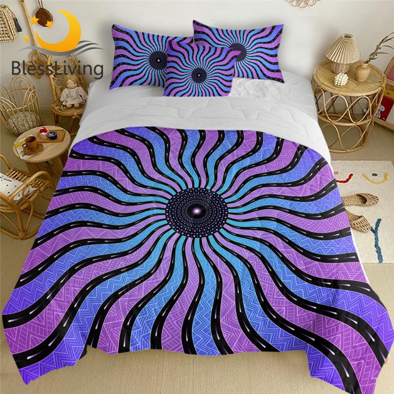 

BlessLiving Swirl Summer Quilt Set Geometric Wave Air-conditioning Comforter Blue Purple Bedding Dizzy Illusion Thin Duvet 4pcs