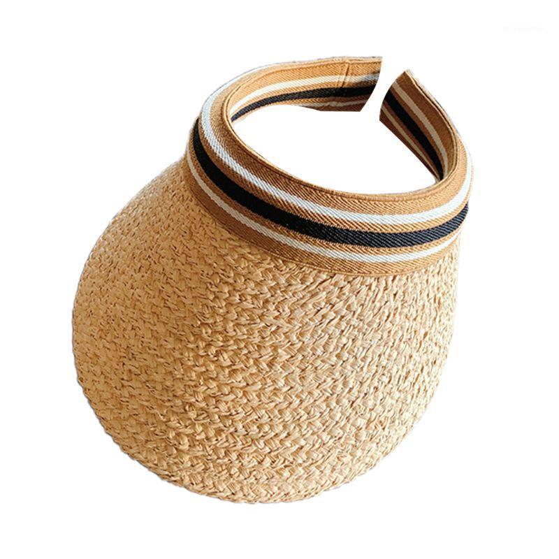 

Women Raffia Straw Sun Visor Hat Empty Top Rainbow Striped Sunscreen Peaked Cap 23GE1