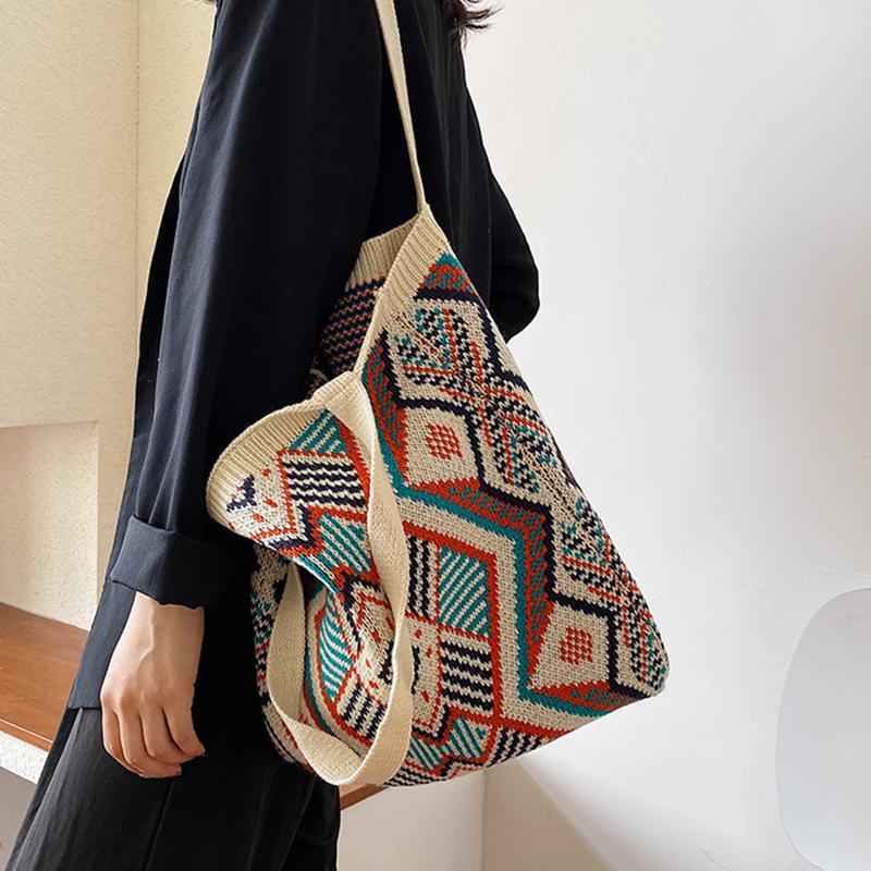 

Shoulder Bags Lady Knitting Gypsy Bohemian Boho Chic Aztec Tote Bag Women Crochet Woolen Open Shopper Top-handle 2021 Female Daily Handbag, Blue