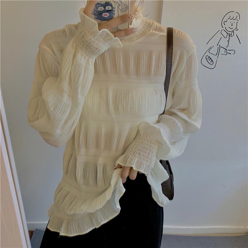 

Womens Long Sleeve Solid Chiffon Tops Ladies Korean Casual Ruffled Lace Blouses Vintage Butterfly Sleeve Shirts Blusas Mujer, Hei