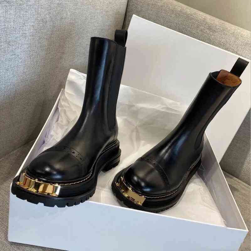 

Metal big gold teeth short boots women's new large barrel Martin middle heel Chelsea, Black velvet