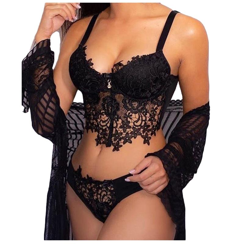 

Sexy Women Embroidery Lace Collar Wireless Bra Sexy Lingerie Thong Set Underwear Transparent Bra Party Sets Lace Black Lingerie