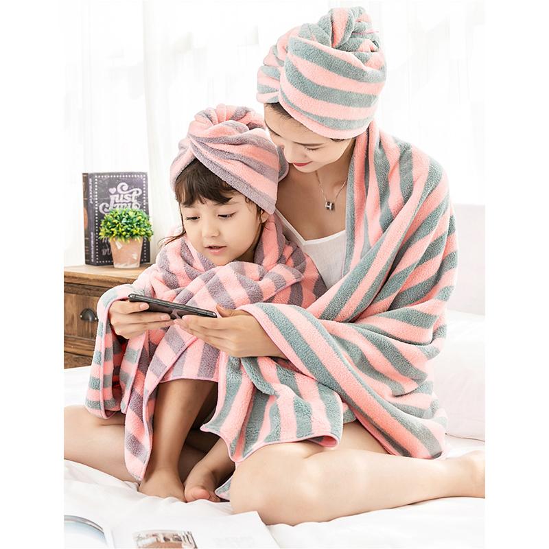 

Dry Hair Cap Women's Thicken Absorbent Quick-Drying Towel Wrap Turban Coral Fleece Adult Children Striped Wiping Hair Towel