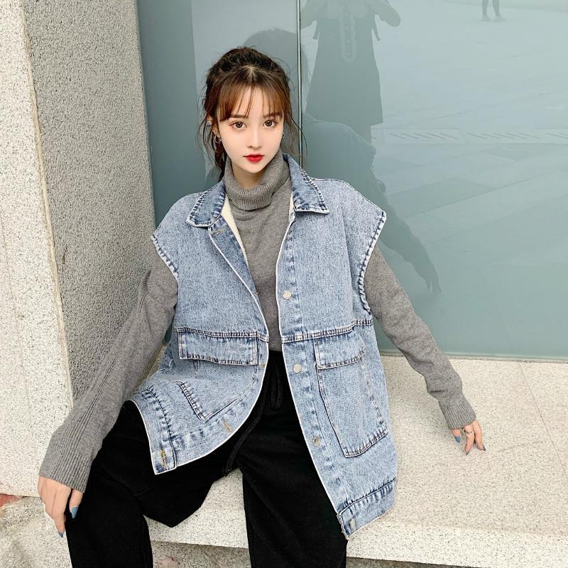 

Korean Fashion Sleeveless Black Jean Coat Women Winter Thick Big Pocket Denim Parkas Street Wear Loose Cowboy Clothes, Black;brown