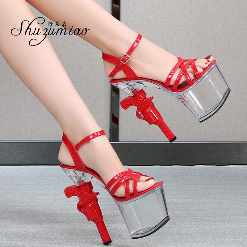 

Fashion Show Artifact Model High-Heeled Women Shoes Pistol Heel 17cm Sexy Clear Platform Shoes Summer Sandals Strip Pole Dance, Rose red