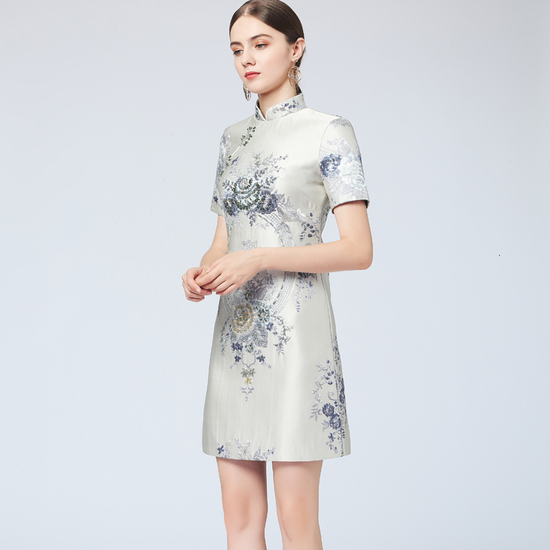 

New Autumn Retro Printing Frizzy Diamond Short Sleeve Elegant Temperament Dress of Women High Quality Clothes Roh3, Sky blue.