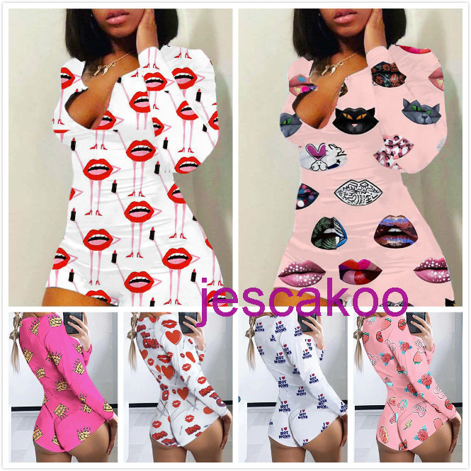 

Sexy Women Jumpsuit New Printing Slim Pajamas Casual Onesies Ladies Fashion V-neck Long Sleeve Shorts Home Rompers Jck, Crown