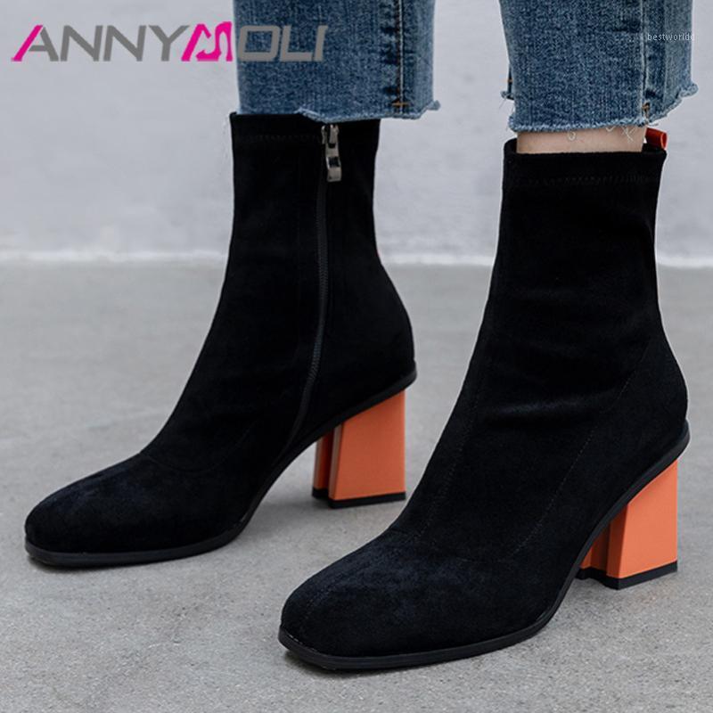 

ANNYMOLI Ankle Boots Women Shoes Square Toe Thick Heels Short Boots Female Zipper High Heel Lady Footwear Autumn Orange Size 431, Black