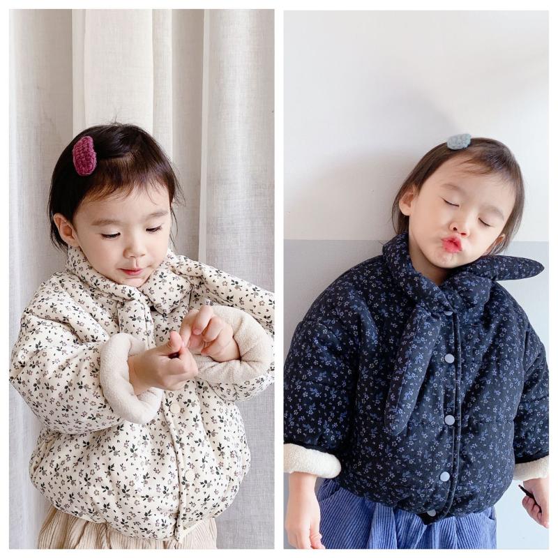 

Baby Winter Coats 2-7 Y Toddler Girls Korean Thicken Cotton Jackets Cute Floral Print Scarf Collar Warm Down Coats for Girl, Beige
