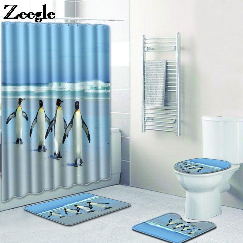 

Sea World Printed Bath Mat and Shower Curtain Set Home Decor Shower Room Floor Mat Non-Slip Bath Carpet Toilet Seat Cover